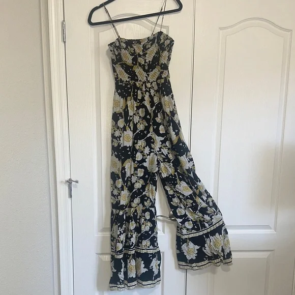 Free People Black Yellow Little of your Love Smocked Floral Jumpsuit size small - Picture 3 of 14
